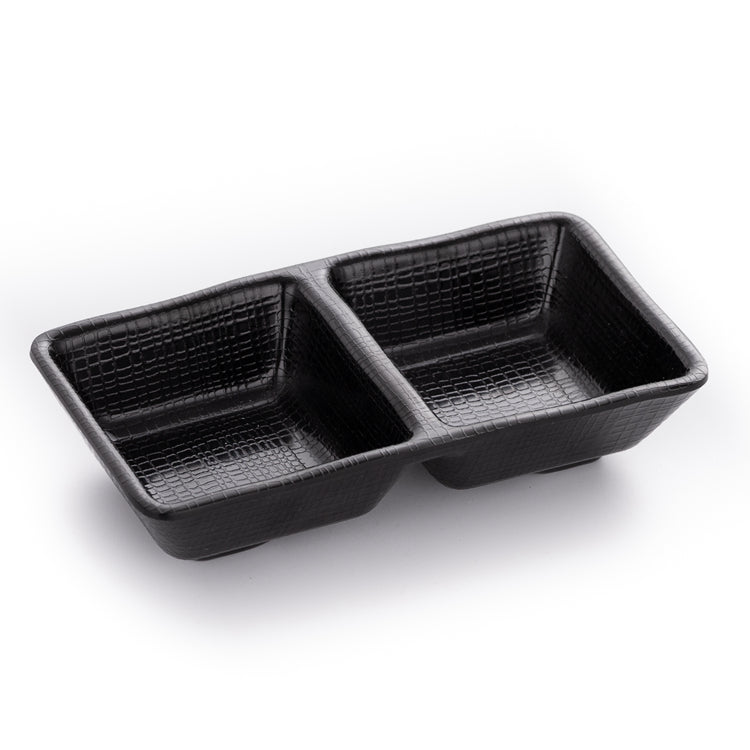 Matte Black Divided Sauce Dish With Chequer Pattern