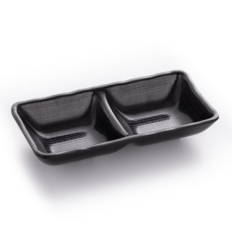 Matte Black Divided Japanese Sauce Dish With Chequer Pattern