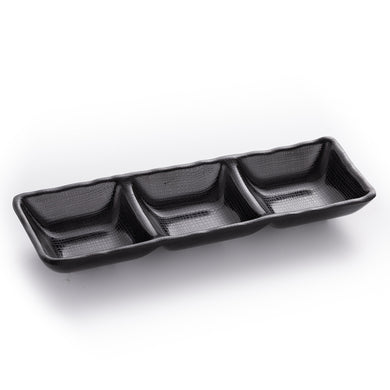 3 Compartment Matte Black Sauce Dish With Chequer Pattern