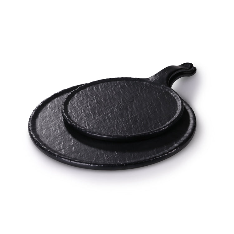 12 Inch Black Matte Round Melamine Pan Plate With Handle JM16910MS