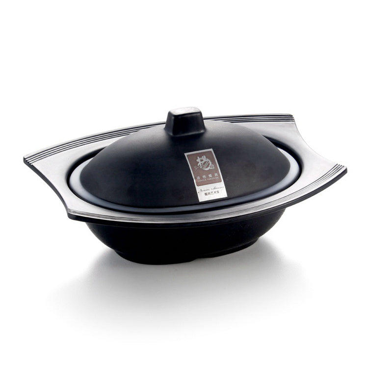 8 Inch Matte Black Melamine Oval Double Ear Bowl with Lid YG140075SZMS